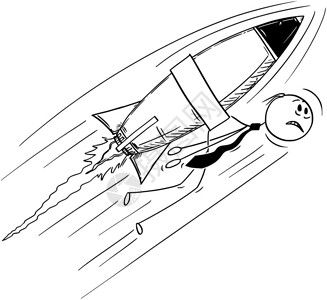 商人飞得太高背上装着火箭的快动漫画卡通棍手绘制了商人飞得太高快背着火箭飞得太快的概念说明危险商业的概念图片