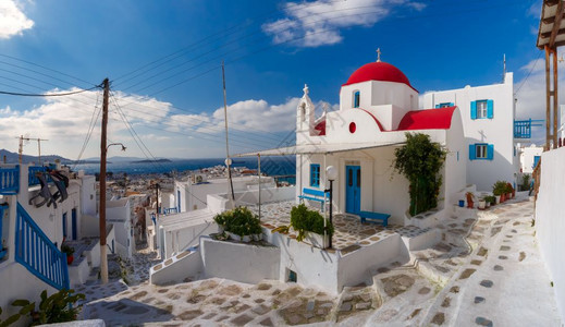 希腊Mykonos岛典型希腊白色教堂风岛Mykonos岛典型希腊白色教堂Mykonos岛典型希腊教堂建筑风岛Mykonos岛红穹图片