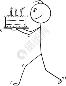 男人或商与生日蛋糕一起走的漫画卡通棍手绘制商人步行和携带生日蛋糕的概念图图片