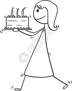 妇女或商人与生日蛋糕一起行走的漫画卡通棍棒男描绘了妇女母亲或商人步行和携带生日蛋糕的概念图图片