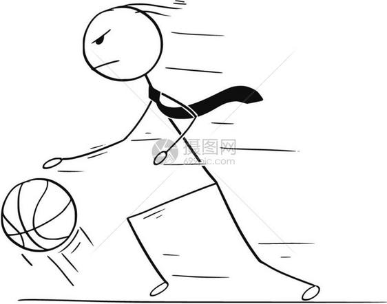商人打篮球的卡通和吹球的Dribbleaball卡通stickman描绘了商人打篮球和得分的概念说明成功的商业概念和挑战图片