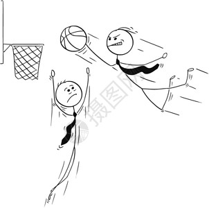 商人打篮球和跳进得分的卡通棍手绘制了商人打篮球跳和尝试得分的概念图第二名商人正试图保护他成功和竞争的商业概念图片