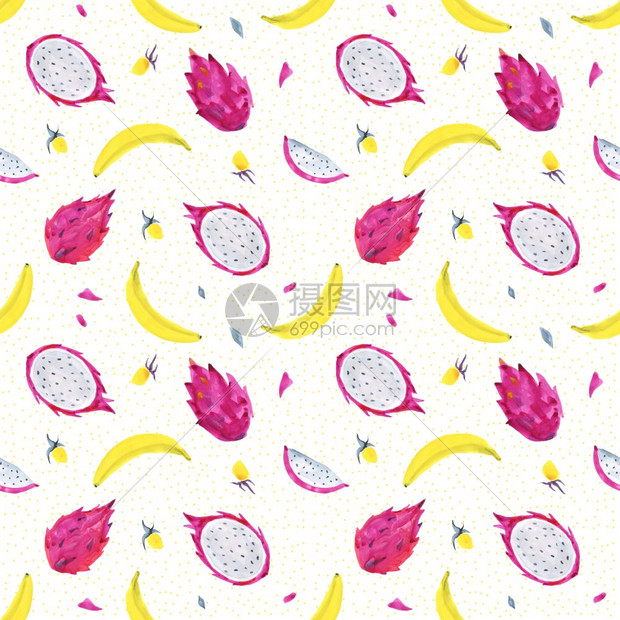 Pitaya外来水果的热带形态无水颜色的缝背景水颜色的皮卡亚用外来水果绘制的无缝形态背景图片