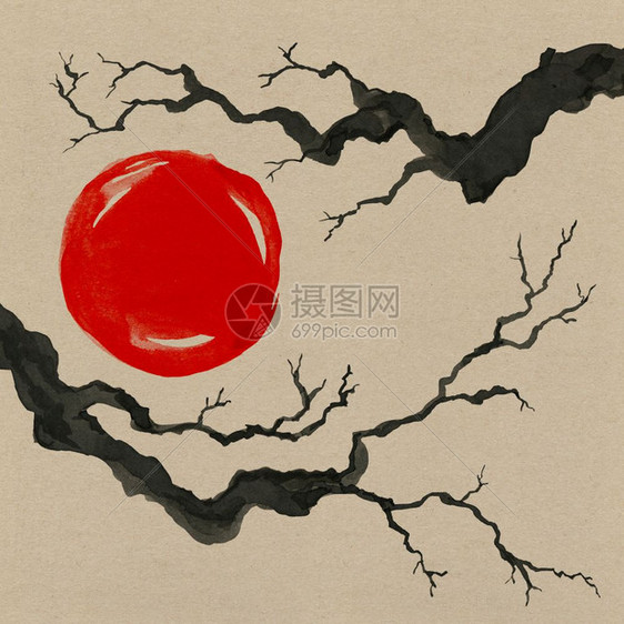 日本绘画风格的树枝传统美丽的水彩手画图日本风格的树枝图水彩手画日本风格的树枝图图片