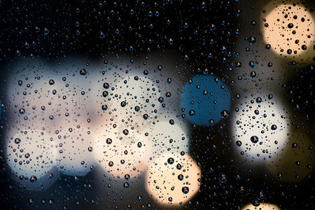 窗户上有雨滴抽象灯光夜城市灯图片