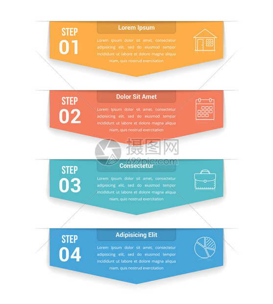 四步图表带有箭头的插图模板包括四个步骤或选项工作流程进图矢量eps10插图图片