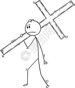 卡通棍棒手绘制了商人携带大木十字的概念图作为的商业比喻图片