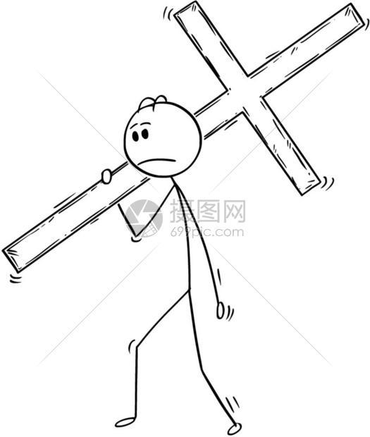 卡通棍棒手绘制了商人携带大木十字的概念图作为的商业比喻图片