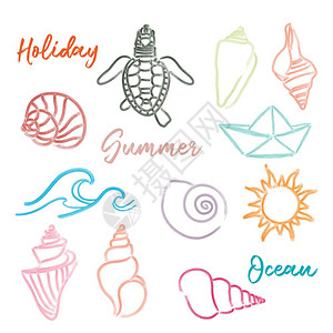 手绘彩色海马贝壳海浪海龟海洋生物元素图片