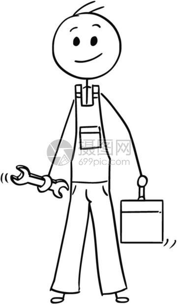 男工人与手腕和具箱或的卡通棍手用扳和工具箱或绘制男人或修理的概念说明图片