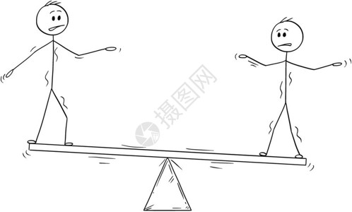 Thesesaw和试图平衡的两位商人漫画团队合作的概念卡通Stickman在概念上描绘了两位商人站在锯木上试图平衡的画像团队合作图片
