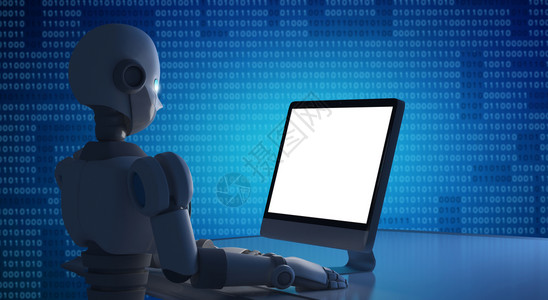 机器人使用带空白屏幕的电脑模拟人工智能机器使用带空白屏幕的电脑模拟人工智能使用带空白屏幕的电脑模拟未来技术概念中的人工智能3D插图片