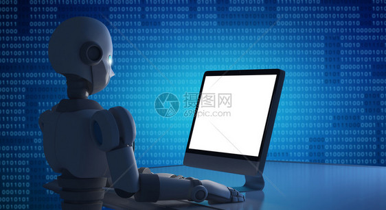 机器人使用带空白屏幕的电脑模拟人工智能机器使用带空白屏幕的电脑模拟人工智能使用带空白屏幕的电脑模拟未来技术概念中的人工智能3D插图片