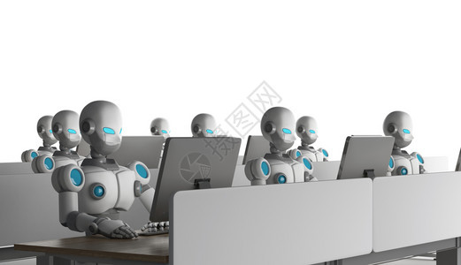 白背景使用计算机的器人集团未来技术概念中的人工智能3插图图片
