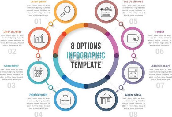 八种选项的圆形信息模板圆形信息模板包含八种选项工作流程或图矢量eps10插图图片
