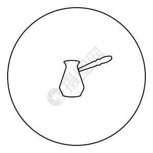 圆形大纲矢量插图中的咖啡壶标黑色图片