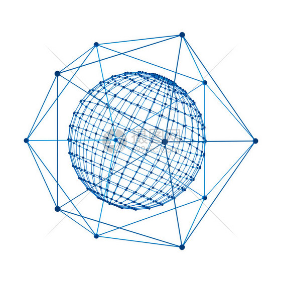 Tt带有数字据球体和蓝色网络连接线的蓝色网络连接线与数字据球体和在白色背景上孤立的技术概念蓝色网络连接线3d抽象形状图解T具有数图片