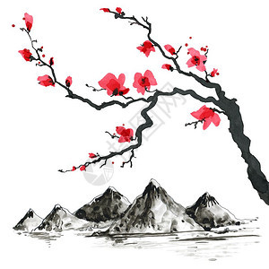 传统美丽的水彩手画图日本风格的山水彩手画图图片