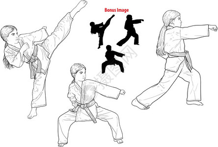 制服 女孩练跆拳道空手道的小女孩矢量卡通插图插画