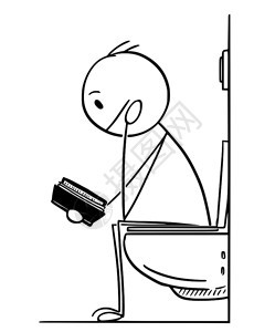 人或商的漫画坐在厕所旁看书卡通棍勾画男人或商在浴室上厕所时阅读书的概念图解图片