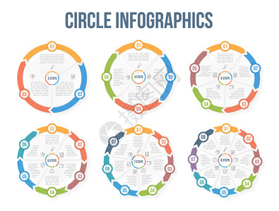 圆形信息图样板圆形信息图样板包含34567和8个元素步骤或选项工作流程或图数据振动矢量eps10插图背景图片