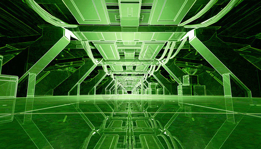 3D抽象的黑暗光辉绿色未来走廊空间飞船图片