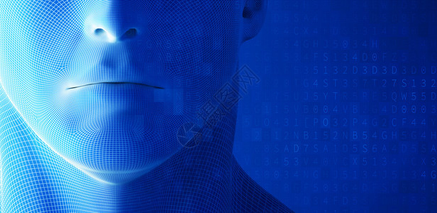 人类面孔技术学中蓝背景的数据代码人类面孔技术概念中蓝背景的数据代码人工智能3D插图人类面孔工智能3d插图人类面孔蓝背景数据代码人图片