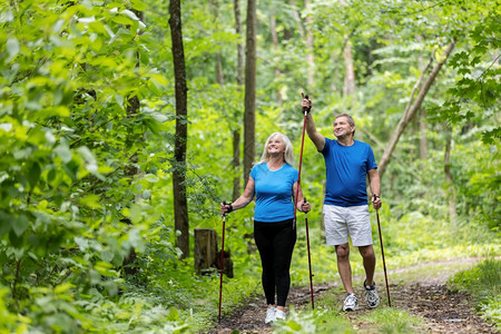 年老的夫妇在森林里徒步图片