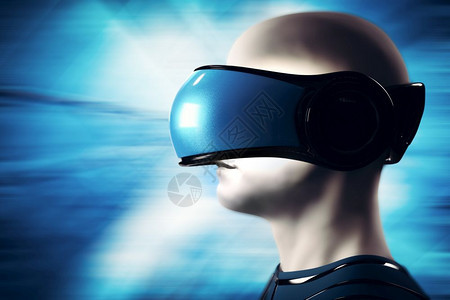 进入虚拟现实世界穿戴高格耳机的人未来技术3D创造进入虚拟现实世界的人戴高格耳机的人图片