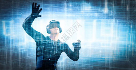 进入虚拟现实世界穿戴高格耳机的人未来技术3D创造进入虚拟现实世界的人戴高格耳机的人图片