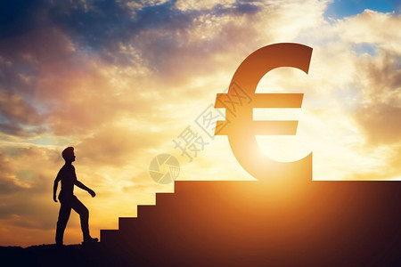 站在楼梯前的人上面有欧元的标志追钱金融和经济愿望图片