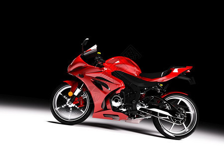 红色运动摩托车在黑色背景的聚光灯下侧景3D制成无牌摩托车红色运动摩托车在聚光灯下的侧景色图片