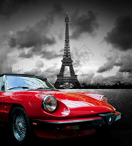 Effel塔法国巴黎和红色旧车的艺术形象黑色和白老旧埃菲尔塔法国巴黎和红色旧车图片