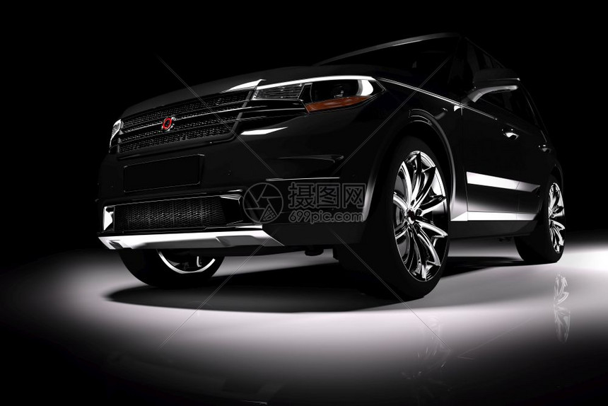 在黑色背景的聚光灯下看到现代黑色SUV车的前面3D制成奢华汽车3D制成在聚光灯下看到现代黑色SUV车的前面图片