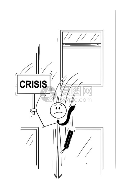 卡通棍棒人绘制了商或银行家跳出窗口并持有危机文本签名的概念插图金融危机或破产的商业概念商人或银行家跳出危机信号窗口的漫画图片