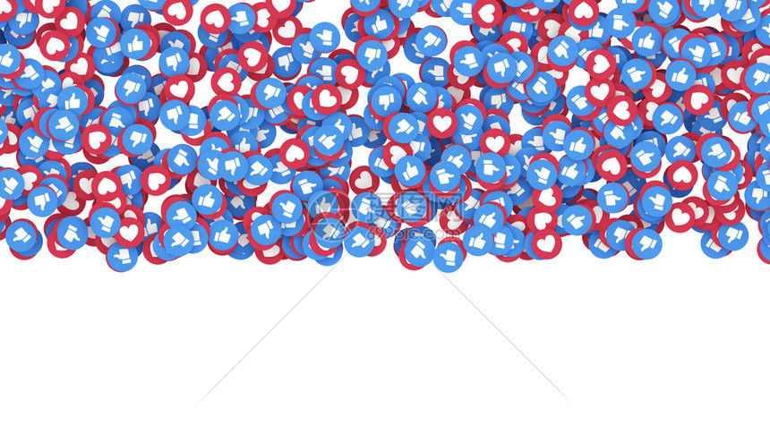 Facebook上在白色背景孤立的缩略图蓝标和红心社交媒体网络营销应用程序广告3d抽象插图图片