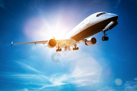 客机在阳光明媚的蓝天中飞行图片