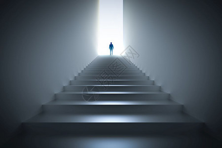 商人爬上通往光线的楼梯生活职业等挑战的概念3D插图商人爬上通往光线的楼梯图片