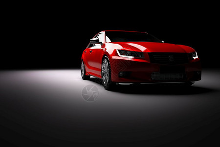 现代的红色金属轿车在聚光灯下当代通用的脱光无品牌3D转换新的红色金属轿车在聚光灯下现代的脱光无品牌图片