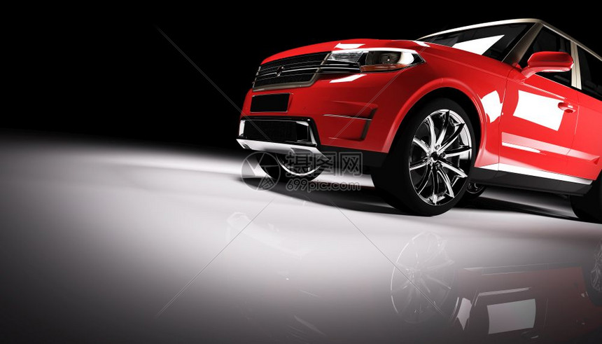 现代红色SUV车在黑背景的聚光灯下3D插图D豪华汽车图片
