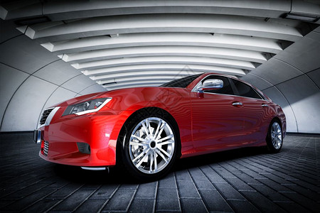 城市环境中的现代红色金属轿车隧道通用脱盐无品牌3D翻版通用设计图片