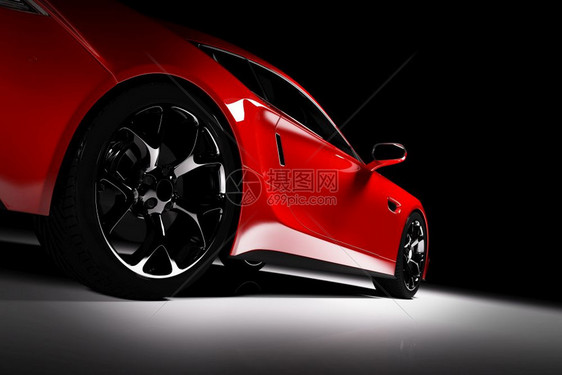 现代红色运动车在黑背景的聚光灯下3D制成豪华汽车图片