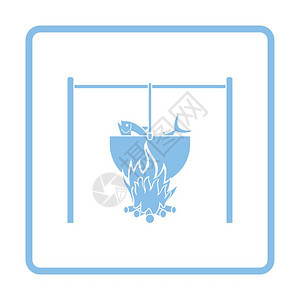 火炉和渔锅的图标蓝色框架设计矢量插图图片