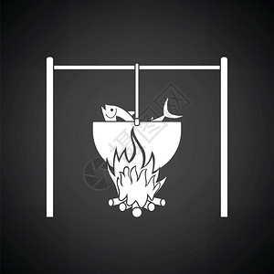 火和渔锅图标黑色背景白矢量插图图片