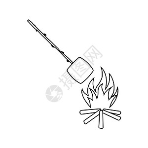 卡通火焰烤棉花糖露营火的图标薄线设计矢量插图背景