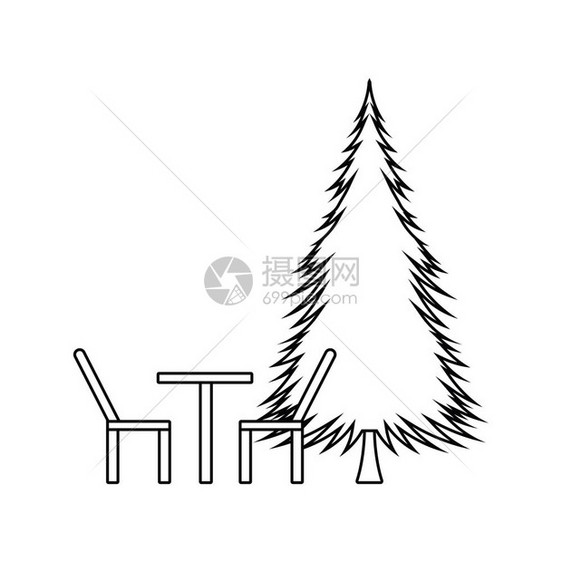 公园座椅和松树图标薄线设计矢量插图图片