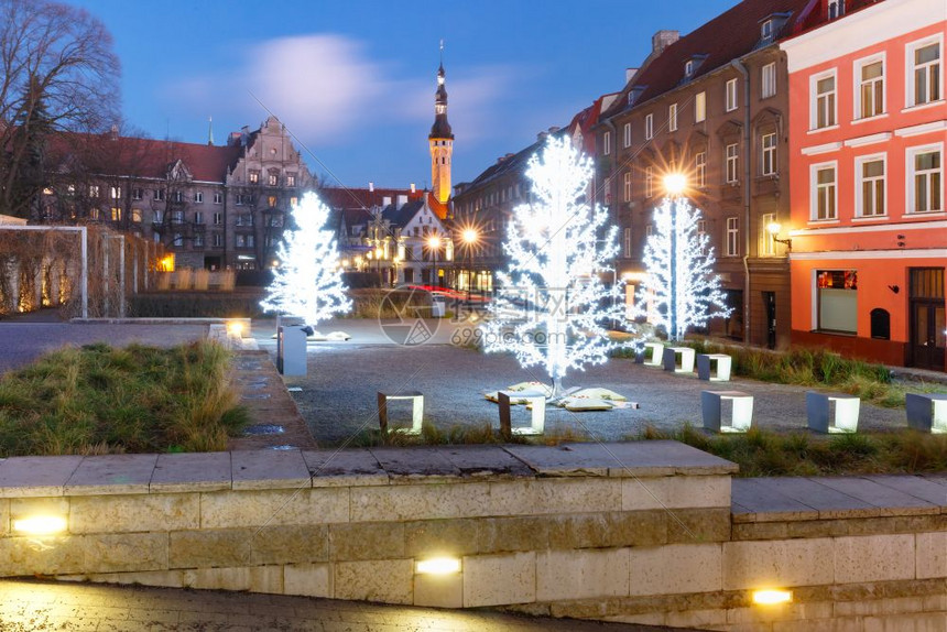 清晨蓝色爱沙尼亚塔林中世纪旧城带有日落树和市政厅的美丽明亮街道爱沙尼亚塔林旧城夜街图片