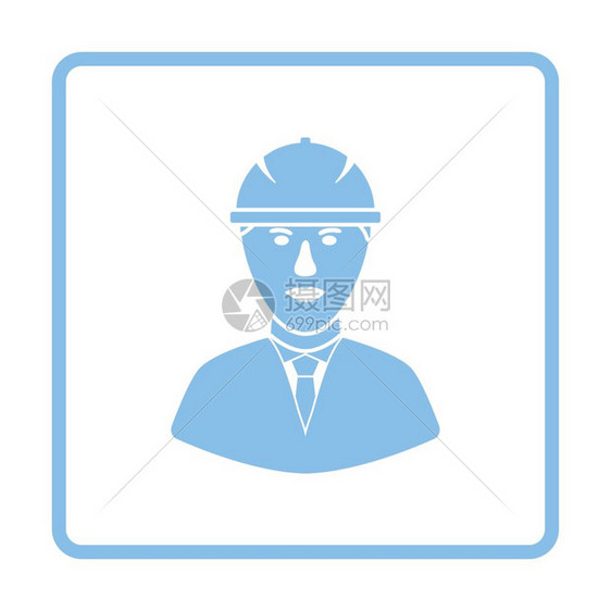 建筑工人头戴盔的图标蓝色框架设计矢量插图图片