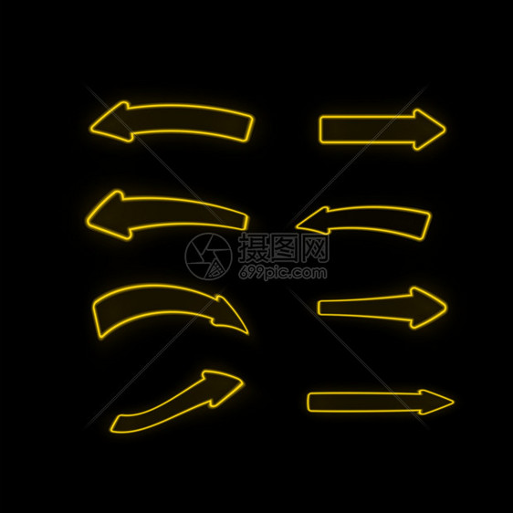 黑色背景上隔离的一组不同亮黄色箭头图片