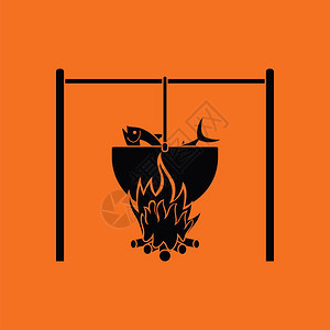 火和渔锅图标橙色背景黑矢量插图图片